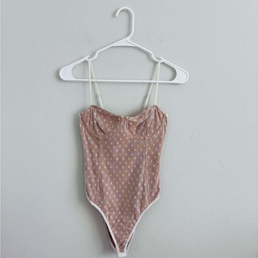 White Fox Boutique Tan and White Bodysuit with Spaghetti Straps